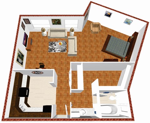 Floor plan for studio, 1 bath, 580 sqft